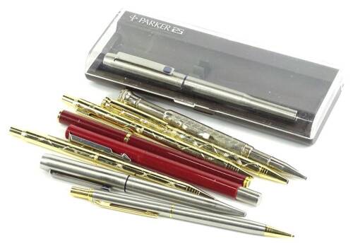 Various pens, Parker and other, Parker 25 part set, 14cm W, propelling style pencils, brushed steel Parker pen, etc. (a quantity)