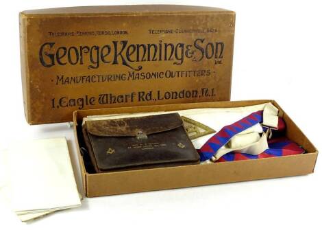 A George Kenny and Son tailors box, containing a quantity of masonic regalia, sash, satchel, 18cm W, apron, related ephemera, etc., (a quantity).