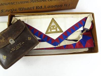 A George Kenny and Son tailors box, containing a quantity of masonic regalia, sash, satchel, 18cm W, apron, related ephemera, etc., (a quantity). - 2