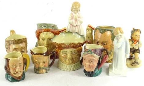 A collection of character jugs, to include Royal Doulton Armada, Old King Cole, two Royal Doulton figurines, Darling and Bedtime, etc.