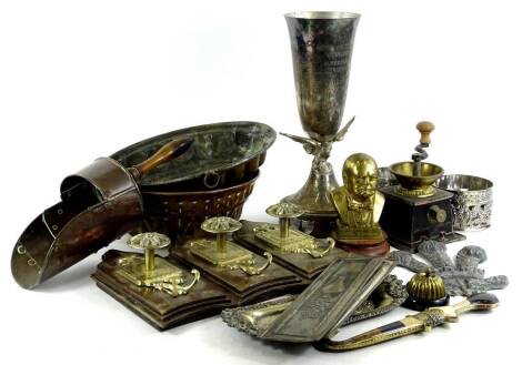 Miscellaneous metalware, to include bust of Winston Churchill, Toleware coffee grinder, silver plated trophy etc.