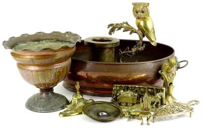 Various copper and brassware, figure of an owl with glass eyes, 31cm H, trivet, fly ornament, copper bowl of oval form etc. (a quantity)