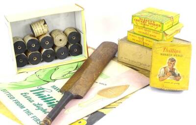 Miscellaneous items, to include unused boxes of Blakey's cricket spikes, Phillips rubber heels, unopened rolls of string, a child's cricket bat, and two shoe shop advertising stands.