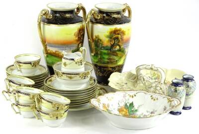 Various porcelain and effects, pair of Noritake vases, each transfer printed with an all round scene of building and trees before calm waters, with gilt highlights, 29cm H, hors d'oeuvre dish, part tea service etc. (a quantity)