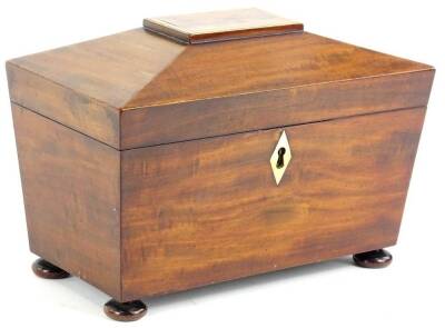 A 19thC mahogany sarcophagus tea caddy, of rectangular form with part fitted interior on compressed bun feet, 21cm H, 26cm W, 15cm D. Provenance: The property of Joan Stephenson, Kirkwood, North Church Walk, Newark, Nottinghamshire.