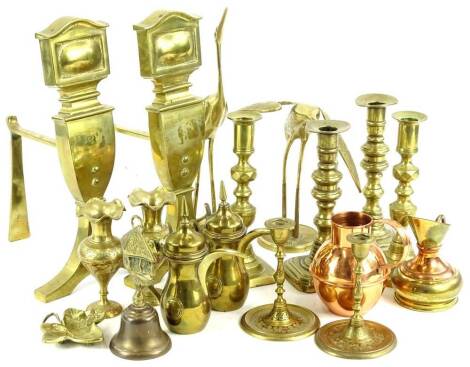 Various brassware, candlesticks andirons, 31cm H, vases, copper jug etc. (a quantity)