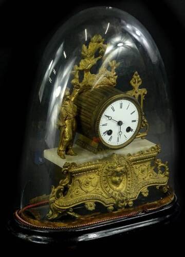 A late 19thC mantel clock, in oak metal case, with 8cm dia Roman Numeric dial revealing an eight day key wind movement, flanked by a side figure on a marble and gilt metal base, under glass dome on ebonised stand, 40cm H.