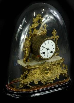 A late 19thC mantel clock, in oak metal case, with 8cm dia Roman Numeric dial revealing an eight day key wind movement, flanked by a side figure on a marble and gilt metal base, under glass dome on ebonised stand, 40cm H.