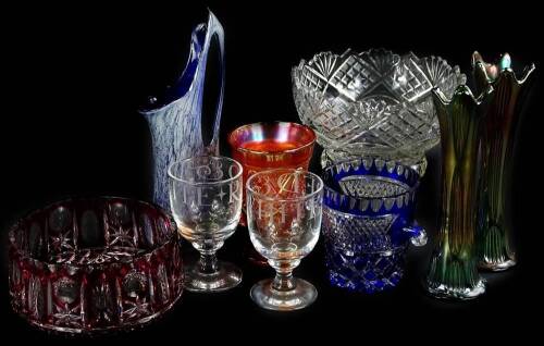 Various studio carnival and other glassware, cut glass bowl, 23cm W, Val St Lambert type coaster, similar design fruit bowl in red and clear glass etc. (a quantity)