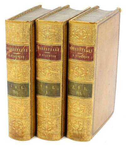 The Plays of Shakespeare, edited by Staunton (Howard), illustrations by Gilbert (John), published 1860, brown leather bindings.