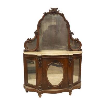 A Victorian figured walnut mirrorback chiffonier, with shaped plate and moulded frame, serpentine marble top, over fern and nut carved uprights, mirrored centre door and arched to the canted sides, shaped base and turned feet. - 4