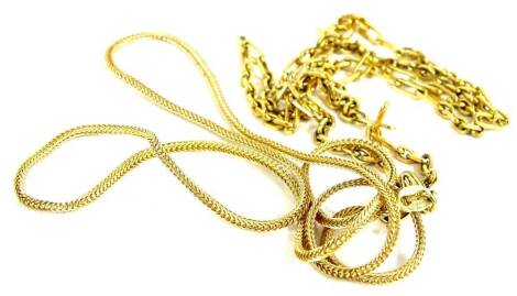 Two chains, to include a 9ct gold byzantine chain, 5.1g , and a 9ct gold articulated chain, 2.7g.