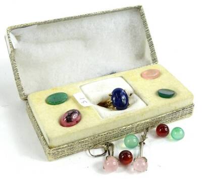 Two items of interchangeable jewellery, to include a dress ring, yellow metal stamped 375, with various loose stones and a pair of silver earrings, each stone set in drop design (2).