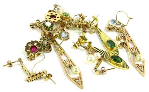 Nine pairs of gold and other earrings, to include mainly stone set examples, aqua marine drops, cultured pearl drops, garnet set, floral drop earrings, peridot set earrings, opal and emerald set earrings, cultured pearl and diamond earrings, four stone ga