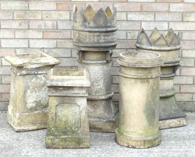 Two similar Victorian stoneware chimney pots, each with crenellated top, the largest 92cm H, a cylindrical chimney pot and two rectangular examples. (AF) Provenance: The property of Joan Stephenson, Kirkwood, North Church Walk, Newark, Nottinghamshire.