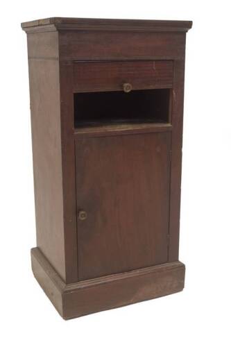 A 19thC flame mahogany side cabinet, with tambour compartment over single door, 85cm H, 41cm W, 33cm D.