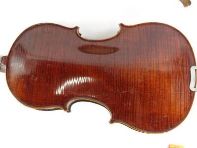 A Jerome Lamy violin, with single piece back, labelled to interior Dulcis et Fortis, length of back 33cm and a bow with nickel silver mounts. - 10