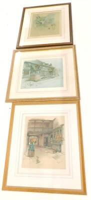 Cecil Aldin. Rear view of an inn, artist signed coloured print with blind stamp, 43cm x 36cm, Inn at Chaddesley Corbett, artist signed coloured print with blind stamp, 39cm x 44cm and rear view of an inn, with figure and cat, artist signed coloured print