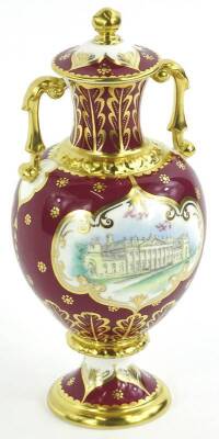 A Royal Crown Derby porcelain Harewood House vase and cover, decorated with a scene of the house, on a puce ground, picked out in gilt, limited edition number 10/50, signed by Hugh Gibson, in original box etc.