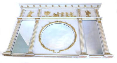 A 19thC cream and gilt painted over mantel mirror, the frieze decorated with neo classical maidens etc., flanked by flower ends above a central circular bevel plate, flanked by two rectangular plates with readed pilasters etc., 94cm H, 137cm W. Provenance