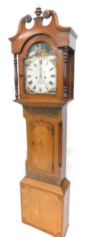 Balthazar Musson Louth, a mid 19thC oak and mahogany longcase clock, the case with swan neck pediment, and turned pillars to the hood, on a plinth, the arched dial painted with a figure, a lion, ruin castles and Roman numerals, eight day four pillar movem