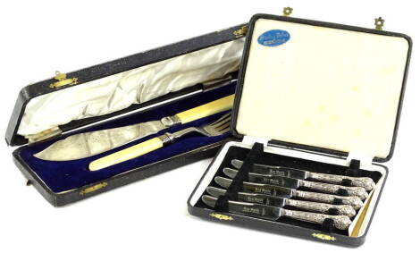 A cased set of silver handled cutlery with plated blades, and a cased set of fish servers, 51cm W, (a quantity).