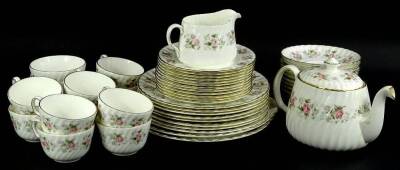 A Minton spring bouquet pattern part service, to include teapot, 16cm H, serving plates, side plates, milk jug, cups, sugar bowl etc., printed marks beneath. A quantity) - 3