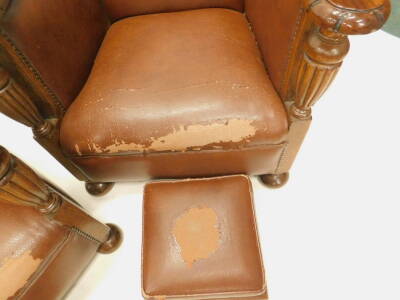 A pair of early 20thC oak club type chairs, each upholstered in brown leatherette with bun feet and a pair of matching foot stools. - 2