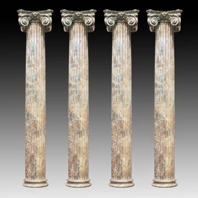 A set of four Regency gesso and parcel-gilt architectural columns, each with an Ionic capital, later simulated marble paint, but original cream paint and gilding beneath, 306cm H, and a set of four matching gesso and marble pilasters. Provenance: Removed - 10