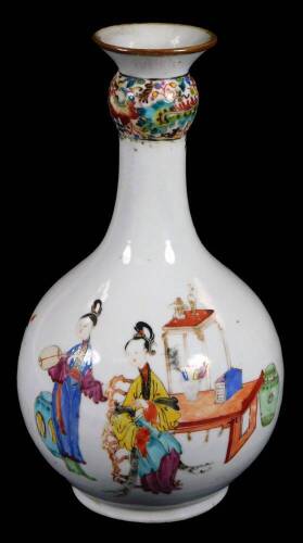 A Chinese porcelain guglet vase, decorated with oriental figures at various pursuits, below a floral decorated band and brown rim, 23cm H.