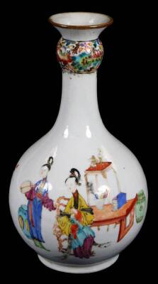 A Chinese porcelain guglet vase, decorated with oriental figures at various pursuits, below a floral decorated band and brown rim, 23cm H.