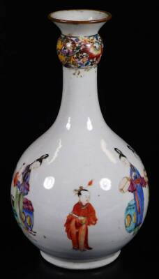 A Chinese porcelain guglet vase, decorated with oriental figures at various pursuits, below a floral decorated band and brown rim, 23cm H. - 2