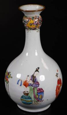 A Chinese porcelain guglet vase, decorated with oriental figures at various pursuits, below a floral decorated band and brown rim, 23cm H. - 3