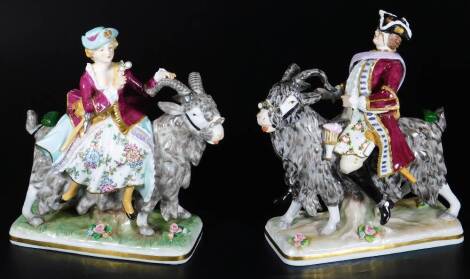 A pair of Meissen type porcelain figures, of The Tailor Riding On Goat and His Wife Riding On Goat, each dressed in finery, polychrome decorated predominately in grey, pink and orange, with a bocage gilt lined base, 20thC. (2)