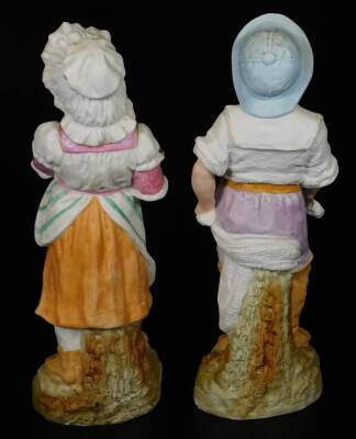 Various continental porcelain figures, to include a bisque fisher boy, on naturalistic base, polychrome decorated predominately in purple, grey, red and blue, 28cm H, a similar figure of a girl in bonnet, a figure of a seated child aside a basket and a f - 3
