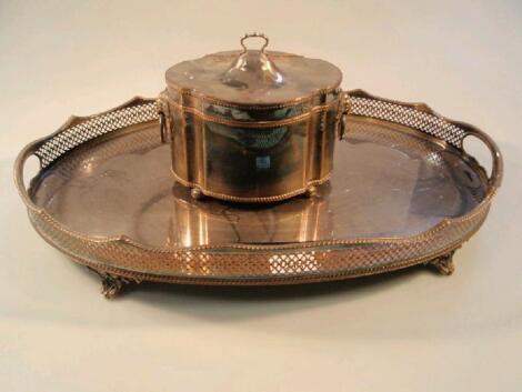 An oval electroplated tray and electroplate on copper caddy