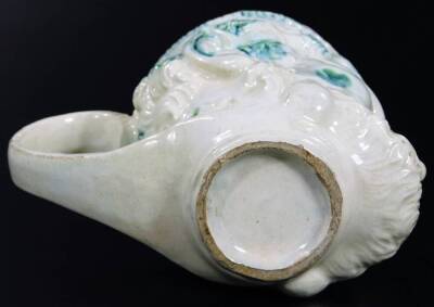 A late 18thC English creamware Bacchus satyr mug, typically decorated in green splash colours, on a circular foot, 11cm H. - 4