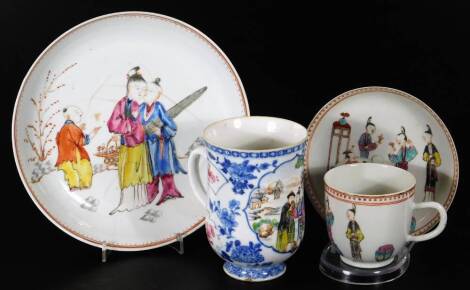 A Chinese porcelain export tankard, of bell shaped form, handpainted with a panel set with figures in flowing robes before trees, with a blue and pink floral body, 12cm H, a further 18thC Chinese porcelain plate and a similar cup and saucer. (4)