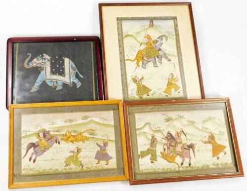 Late 19thC Indian School. Figures on horseback and other huntsmen hunting a tiger, probably silk work, hand touched and painted, 20cm x 30cm, another similar, further silk work of figures attacking elephant, and another Indian school elephant. (4)