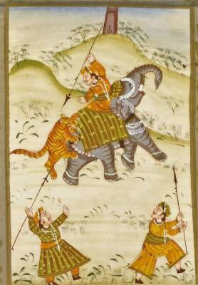 Late 19thC Indian School. Figures on horseback and other huntsmen hunting a tiger, probably silk work, hand touched and painted, 20cm x 30cm, another similar, further silk work of figures attacking elephant, and another Indian school elephant. (4) - 2