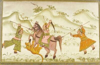 Late 19thC Indian School. Figures on horseback and other huntsmen hunting a tiger, probably silk work, hand touched and painted, 20cm x 30cm, another similar, further silk work of figures attacking elephant, and another Indian school elephant. (4) - 3