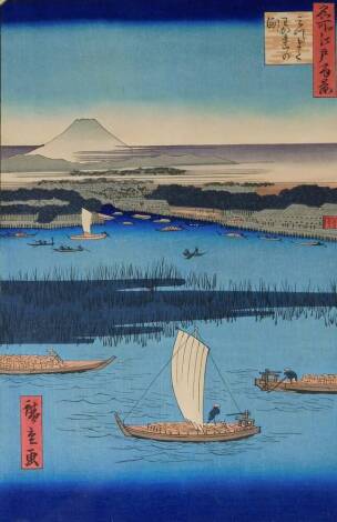 20thC Japanese School. Figures on boats before Mount Fuji, material block print, signed, 37cm x 25cm.