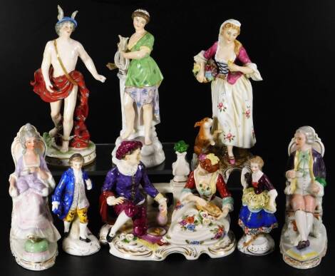 A collection of 20thC porcelain figures, to include a figure aside lyre, sparsely decorated in green and purple, on a rock work base, 23cm H, a figure of Hermes, two Sitzendorf type continental figures of courting couple, a Rudolf Cammer Volkstedt figure 