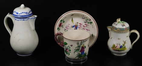 Two continental milk jugs and covers, and a faience cup and saucer, c.1800. (6)