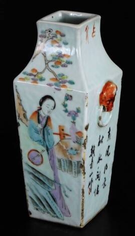 A Chinese Republic porcelain vase, of square tapering form, with shouldered body, decorated with lettering and a figure of lady in flowing robes, polychrome decorated predominately in pink, green and orange, with a seal mark beneath, 21cm H.