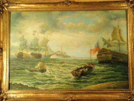 20thC School, Shipping of the Coast, oil on canvas, indistinctly signed