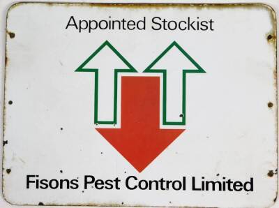 A 20thC enamel sign, Fisons Pest Control Limited Appointed Stockists, with arrow motif, in black lettering on a white ground, 39cm x 52cm. - 2