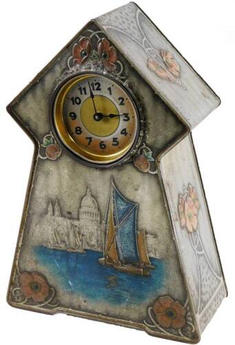 An early 20thC Art Nouveau Victory-V lozenge pressed tin clock, with 9.5cm Dia. Arabic dial, in a shaped case raised with flowers, with a Venetian scene, etc, marked to the back, 38cm H.