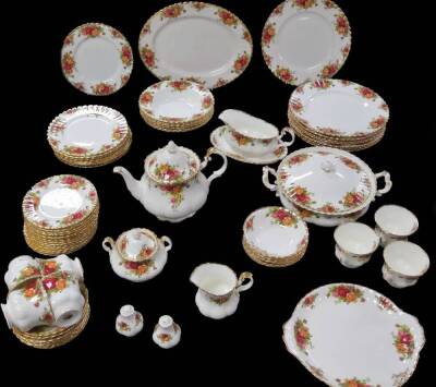 A Comprehensive Royal Albert Old Country Roses part dinner service, to include lidded tureen, 29cm W, plates, side plates, serving dish, gravy boat on stand, teapot, cups, saucer, two handled sugar bowl, etc, printed marks beneath. (a quantity)