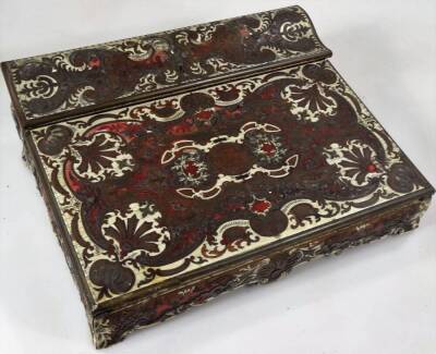 A 19thC Persian rosewood writing box, the serpentine hinged top revealing space for ink bottle and pens, the fall front with deep well, heavily set with scrolls and flowers, 11cm H, 32cm W, 24cm D. (AF) - 5